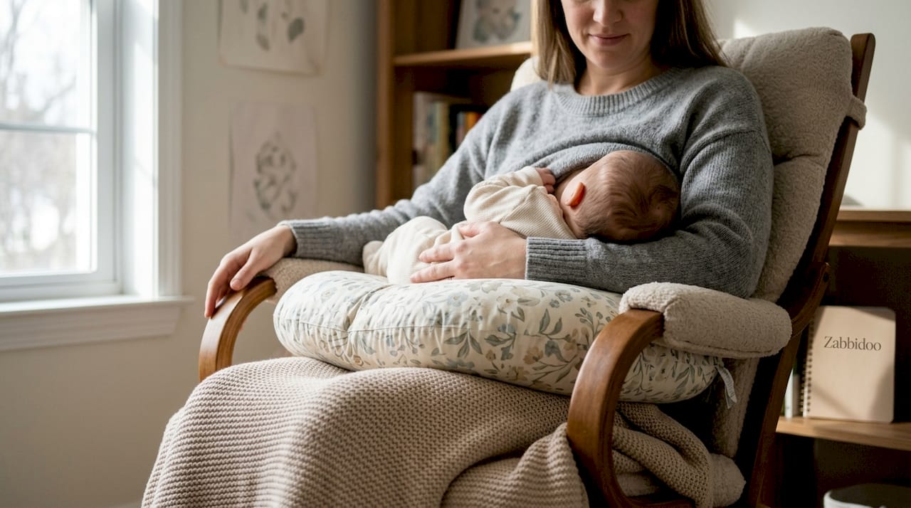 Forearms resting on armrests during breastfeeding