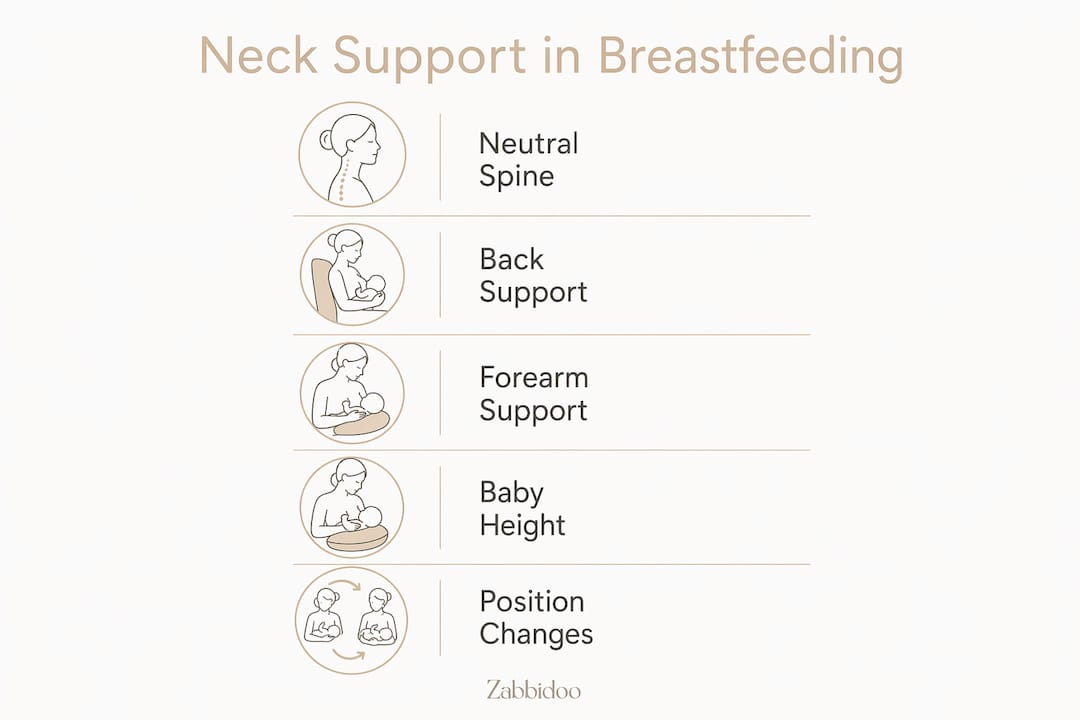 Infographic outlining five key steps of breastfeeding neck support