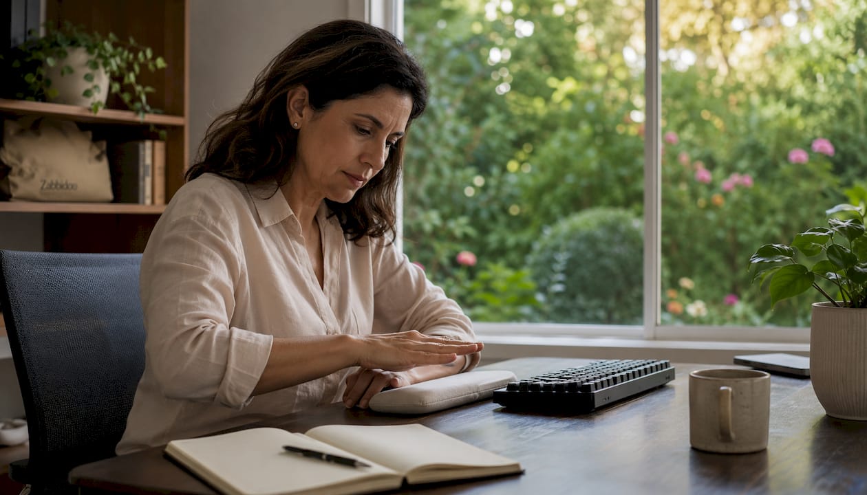 Woman adjusting wrist pillow to support palm properly