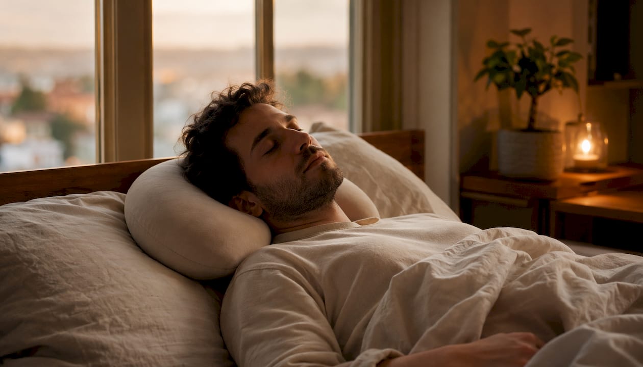 Crescent pillow supporting neck on bed