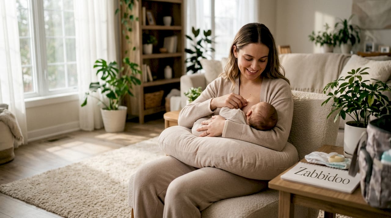 Mother feeding baby using nursing pillow