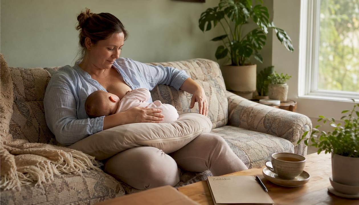 Overhead view of mother using laid-back breastfeeding position
