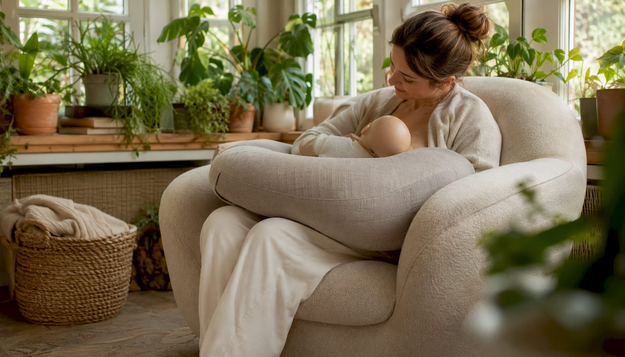 Nursing pillow supporting baby at breast height