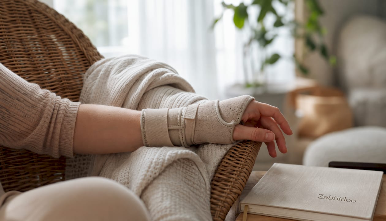 Close-up of wrist brace on resting mother's arm