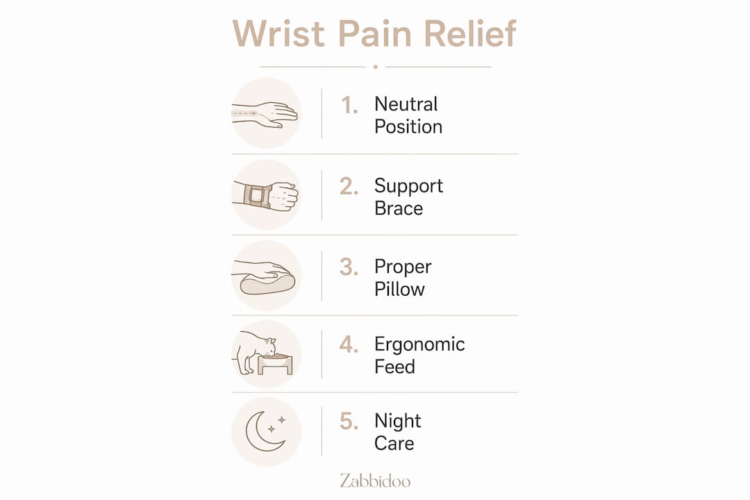 Infographic showing wrist pain relief steps during feeding