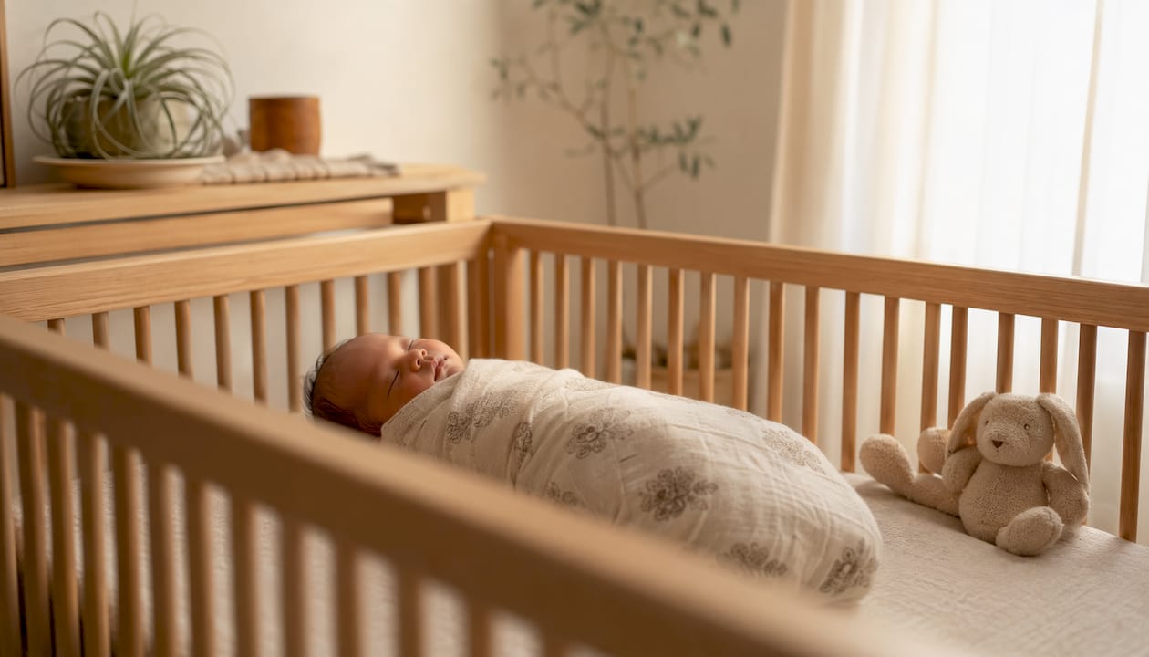 Swaddled newborn lying safely on crib mattress