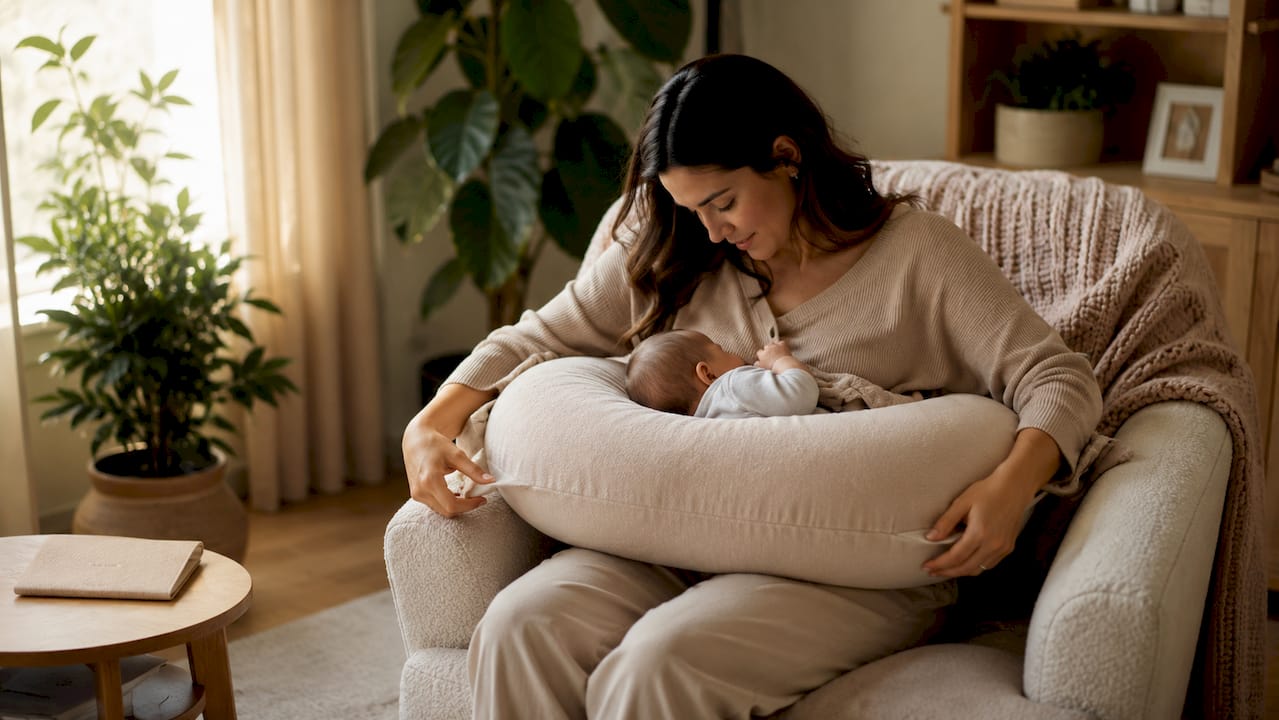Hands adjusting nursing pillow for breastfeeding