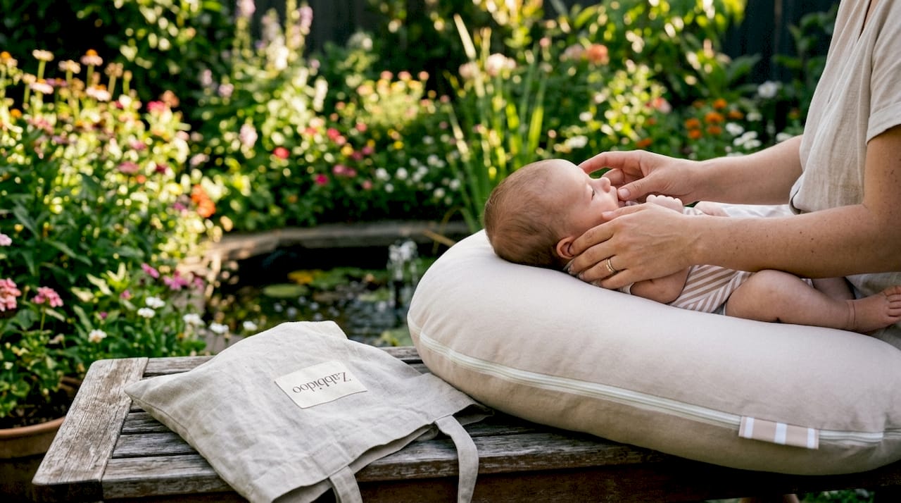 Hands adjusting baby on nursing pillow for feeding