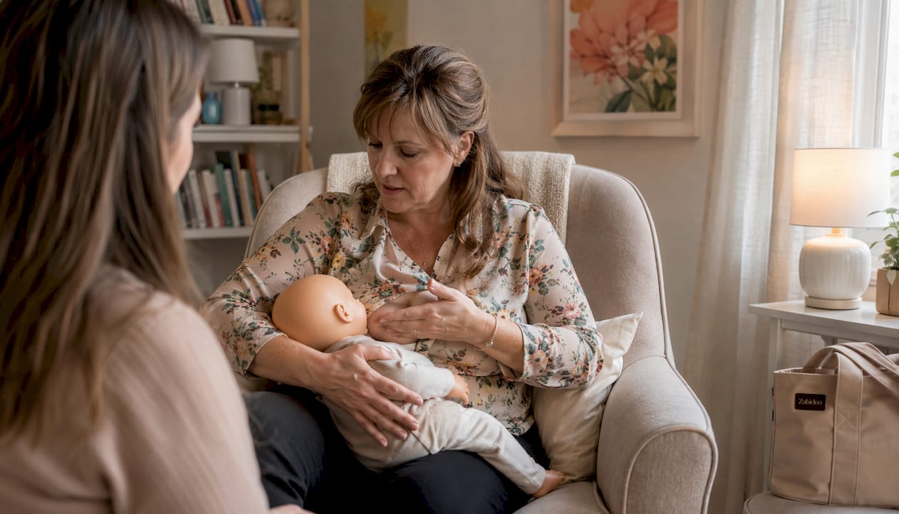 Lactation consultant demonstrating breastfeeding posture