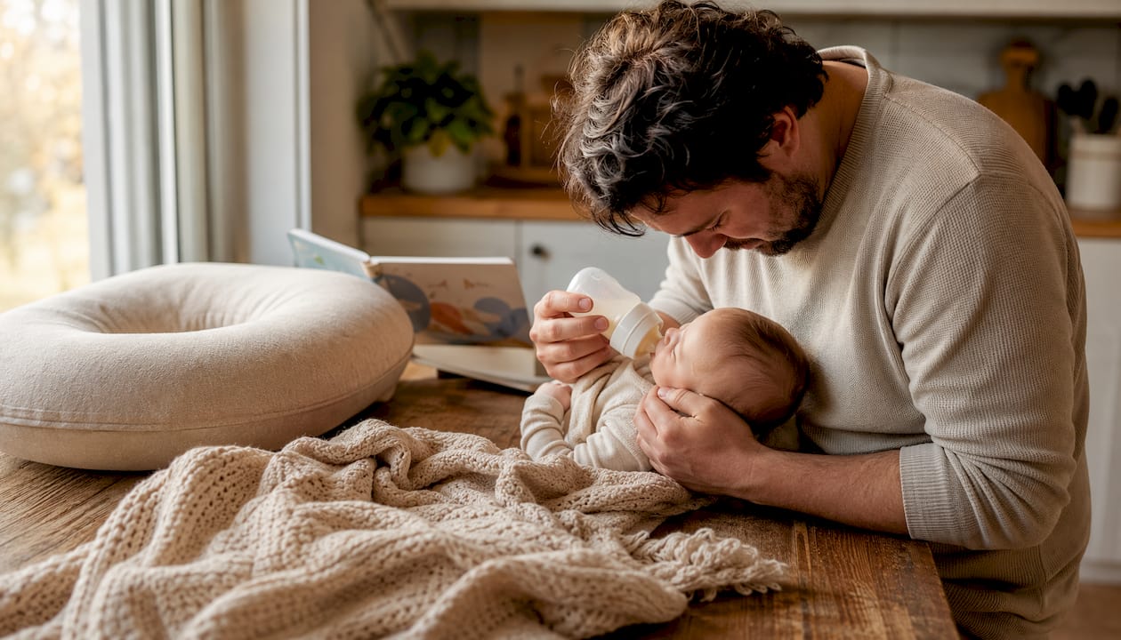 Father leaning forward with baby in poor feeding posture