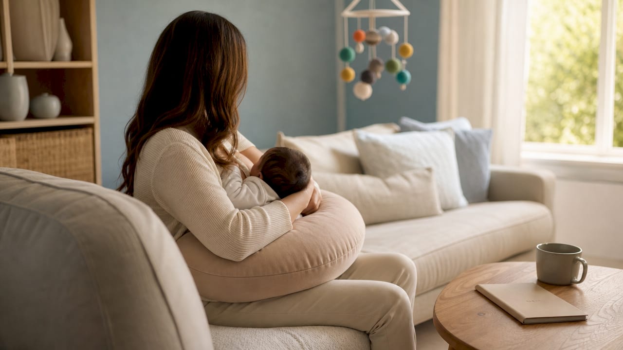 Side profile showing nursing pillow supporting posture