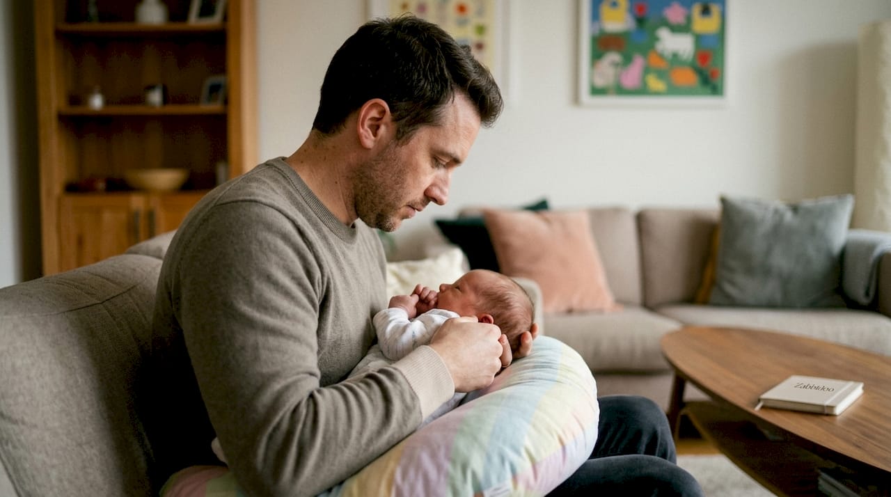 Father using nursing pillow to support breastfeeding