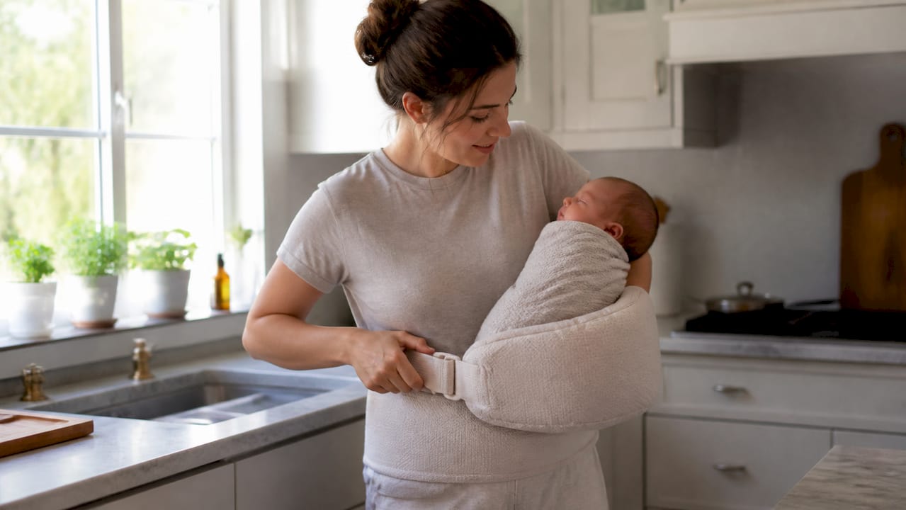 Hands adjusting wrap-around nursing pillow