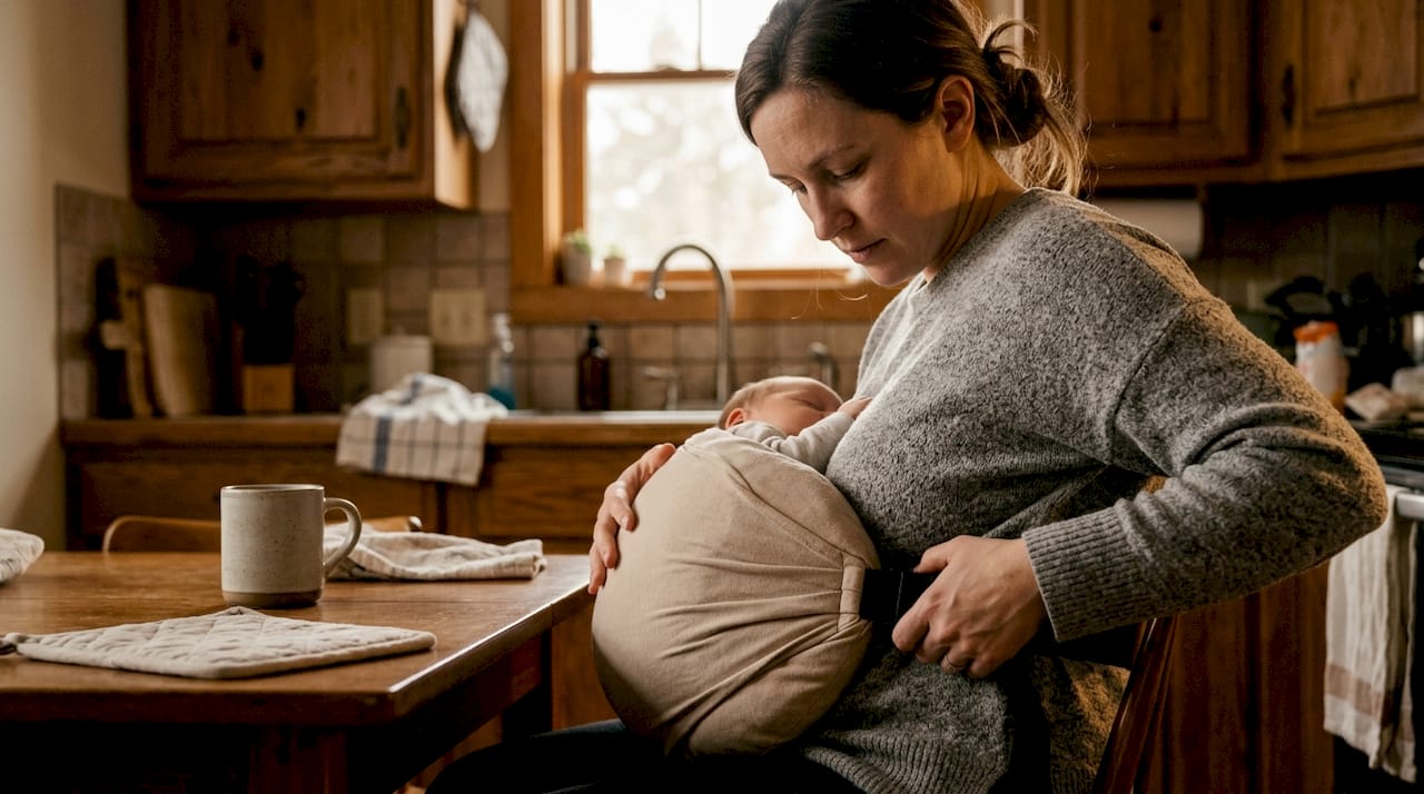 Mother adjusting wrap nursing pillow strap