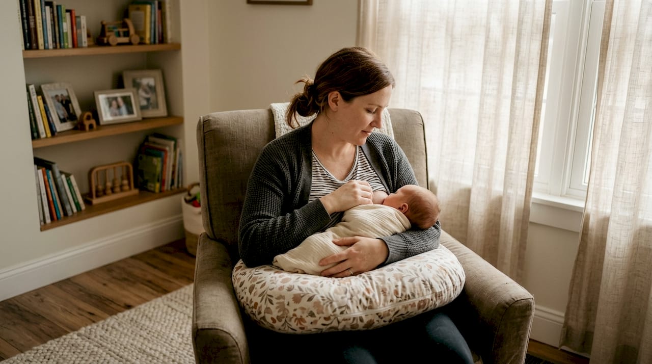 Mother using C-shaped nursing pillow feeding baby