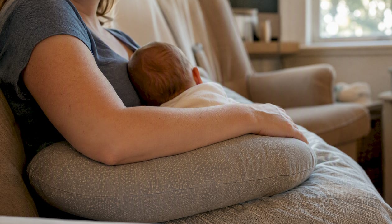 Mother positioning forearm on pillow for wrist support