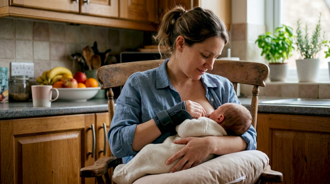 Mother nursing baby wearing wrist brace