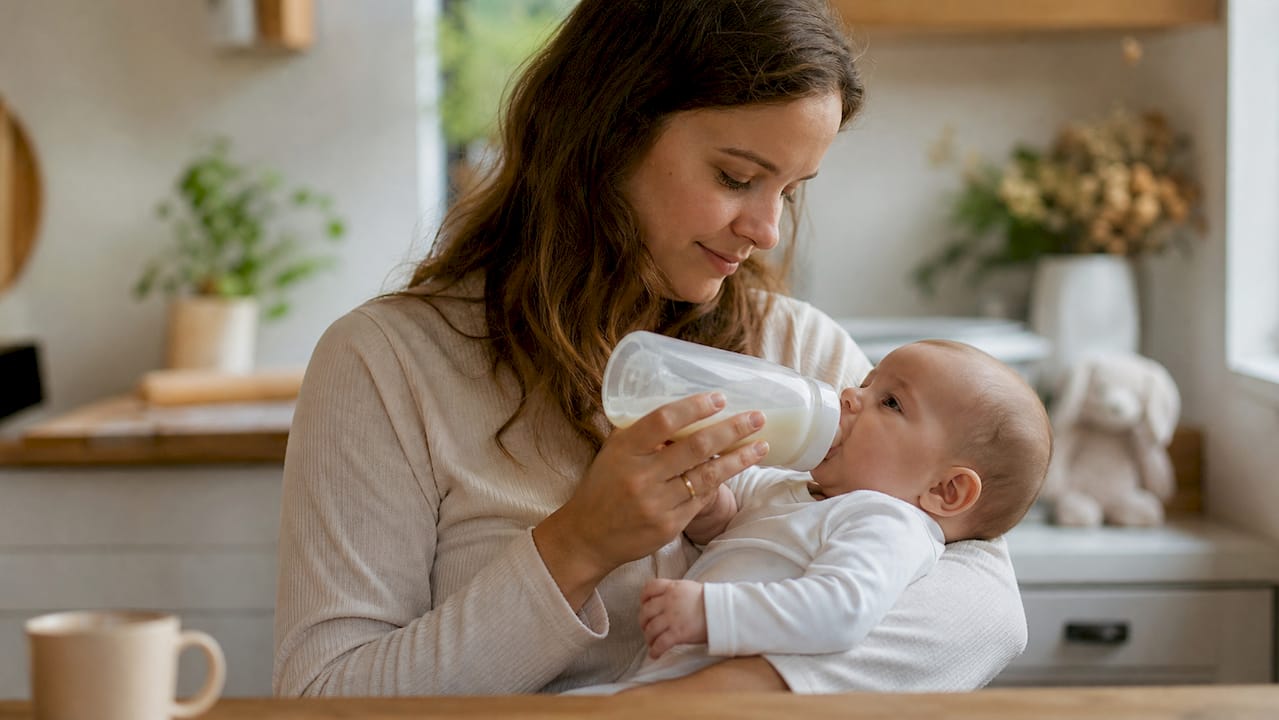 Mother bottle-feeding baby paced semi-upright