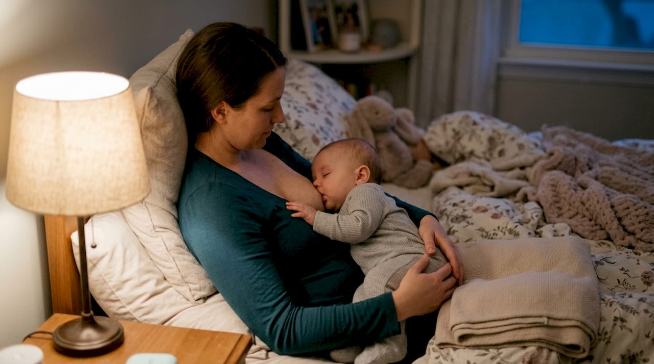 Mother feeding baby in laid-back position