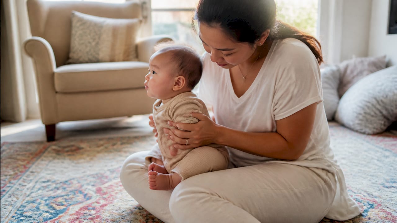 Mother trying different baby burping positions