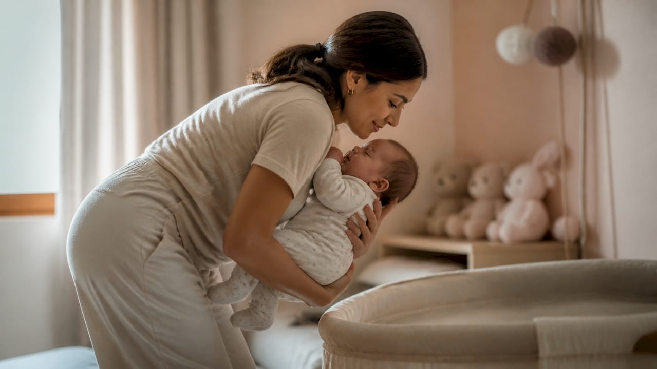 Mother lifting baby with ergonomic bending