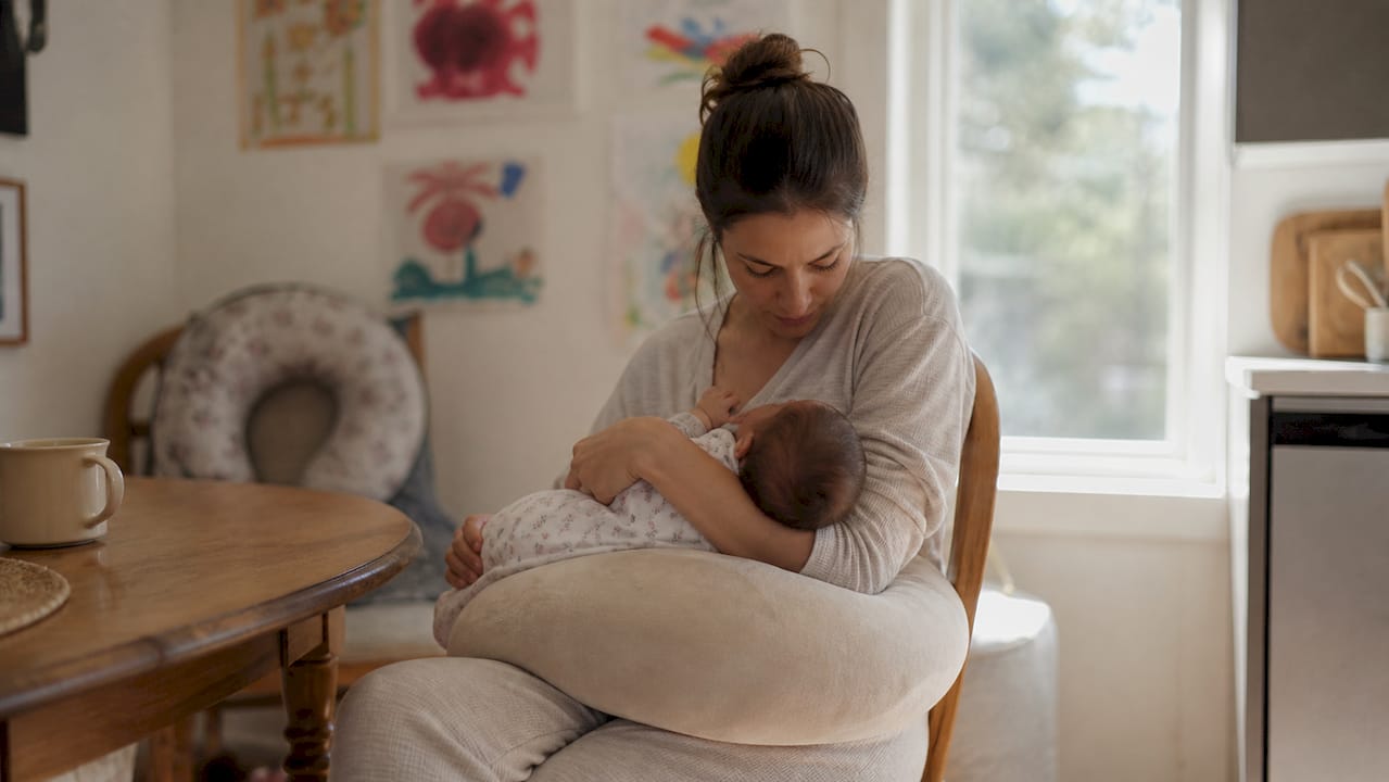 Mother positioning baby with firm towel support