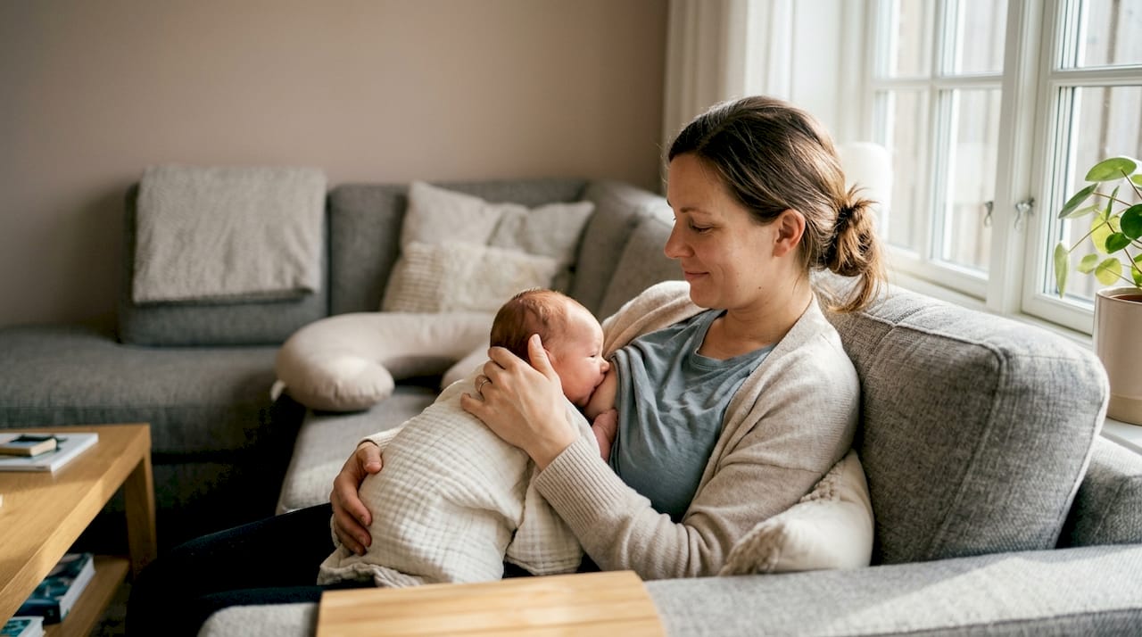Mother breastfeeding baby in laid-back semi-reclined hold