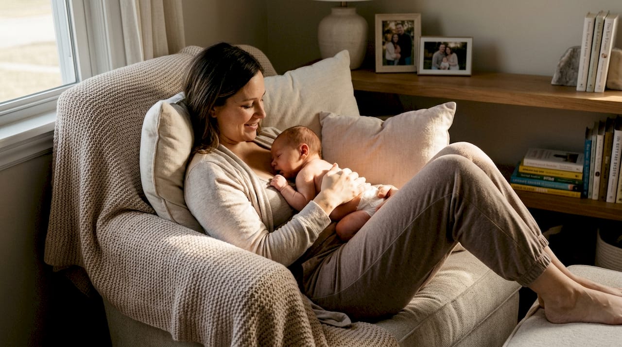Mother breastfeeding in laid-back position