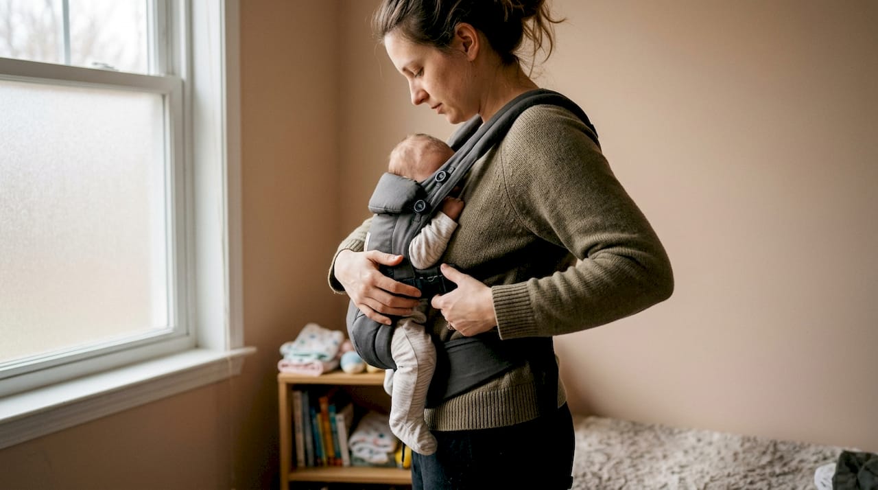 Woman adjusting soft structured baby carrier