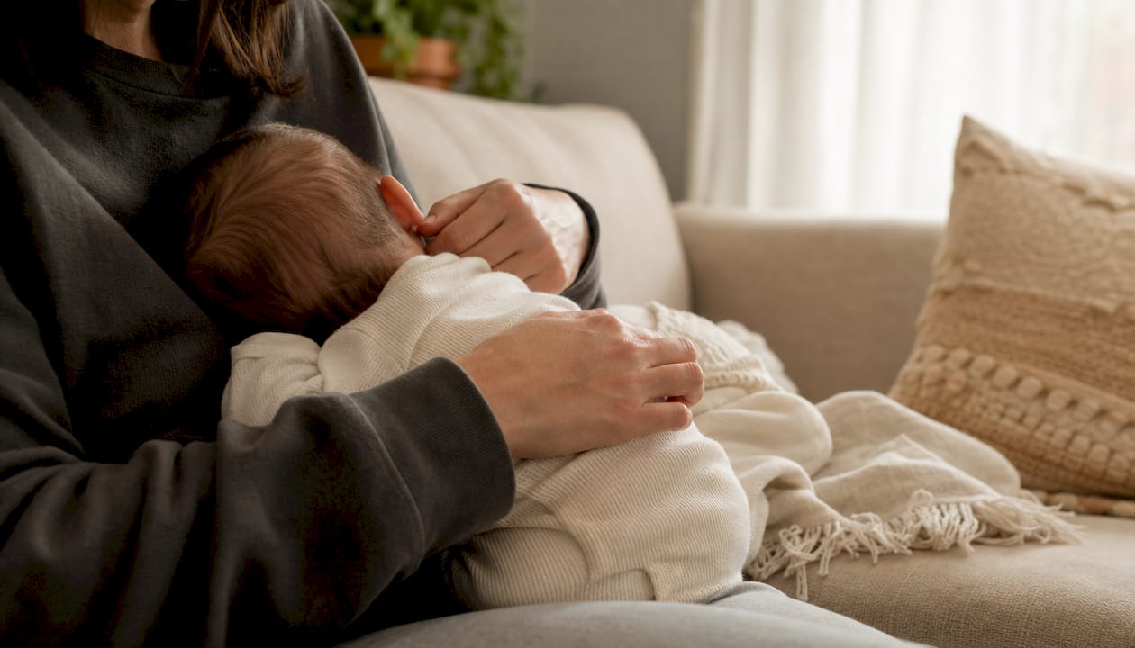 Hands adjusting baby feeding position