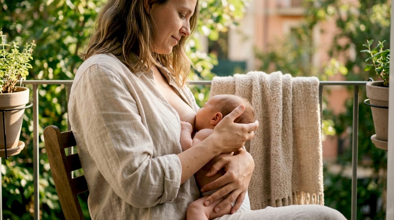 Mother adjusting baby's breastfeeding posture