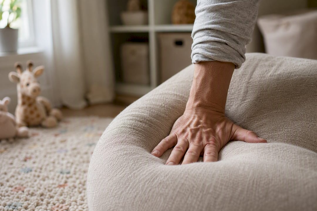 Hand pressing nursing pillow to test firmness