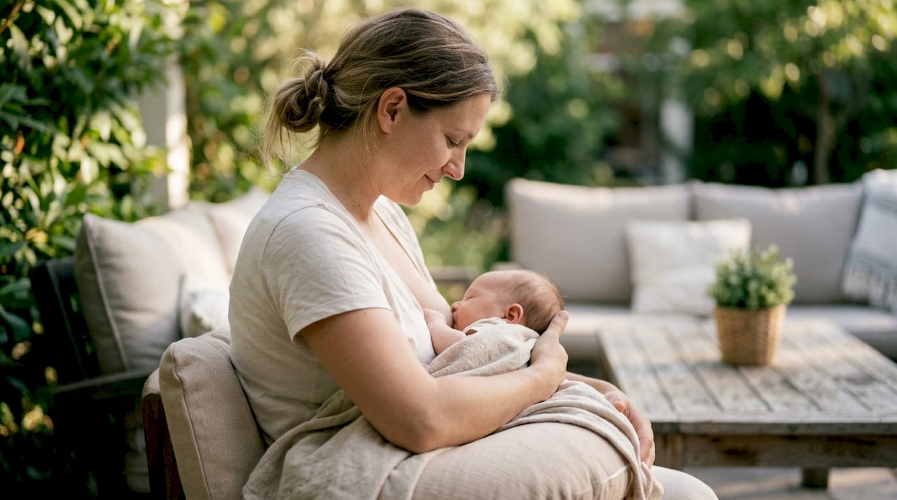 Mother breastfeeding using height-elevated nursing pillow