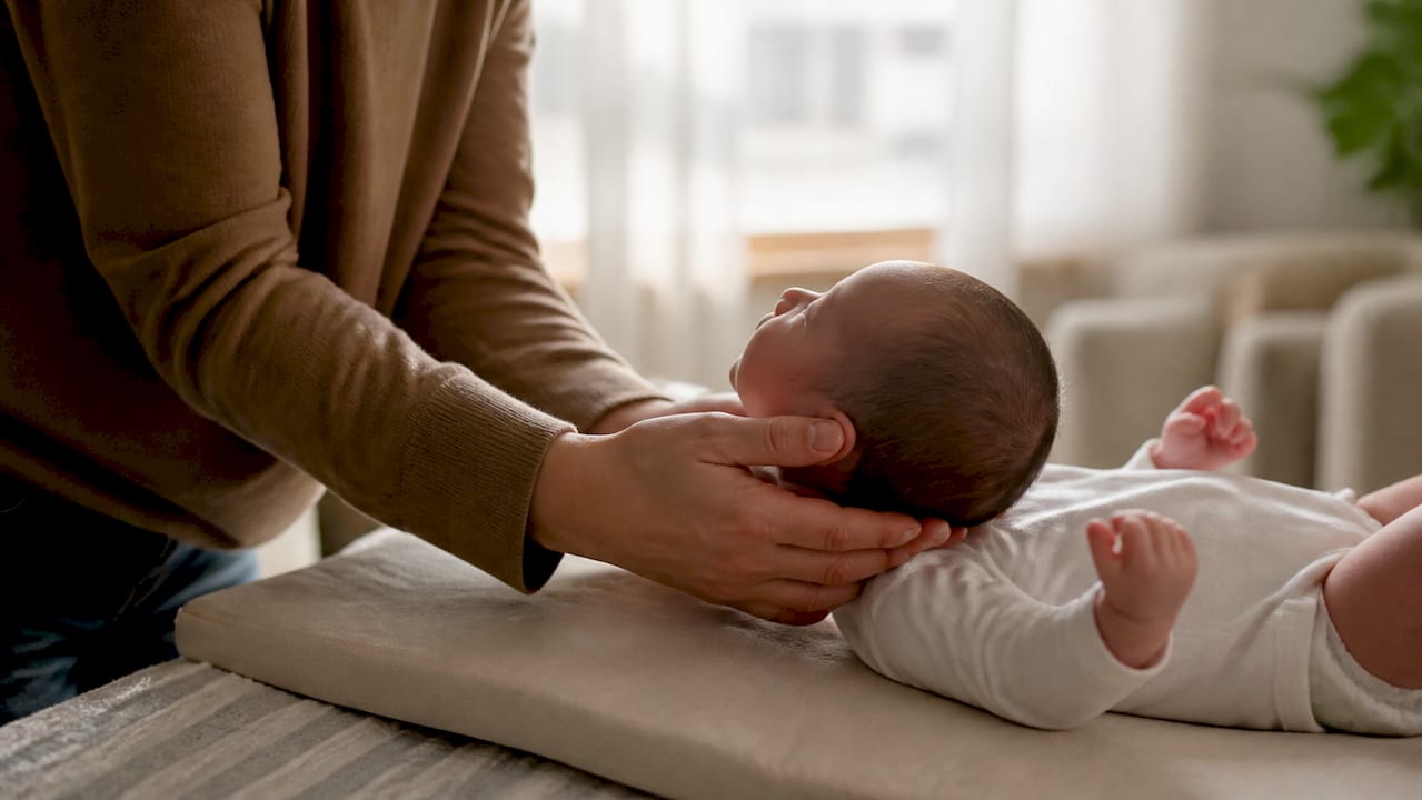 Parent gently stretching baby's neck muscles