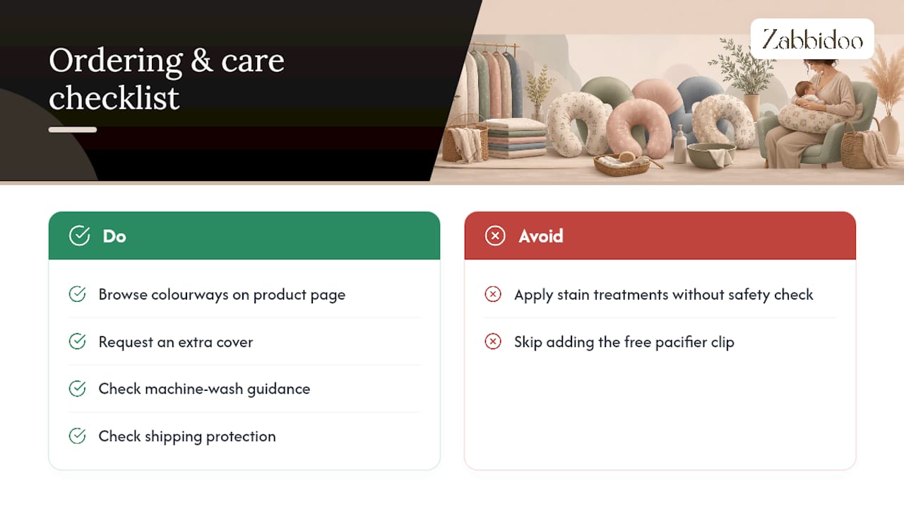 Where to see available colourways and order the Zabbidoo nursing pillow — overview diagram