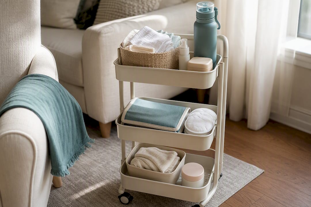 Rolling cart stocked with breastfeeding supplies