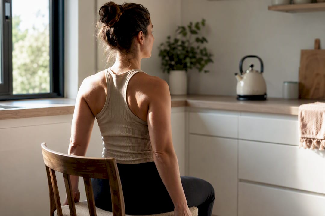 Mother performing gentle scapular squeeze exercise