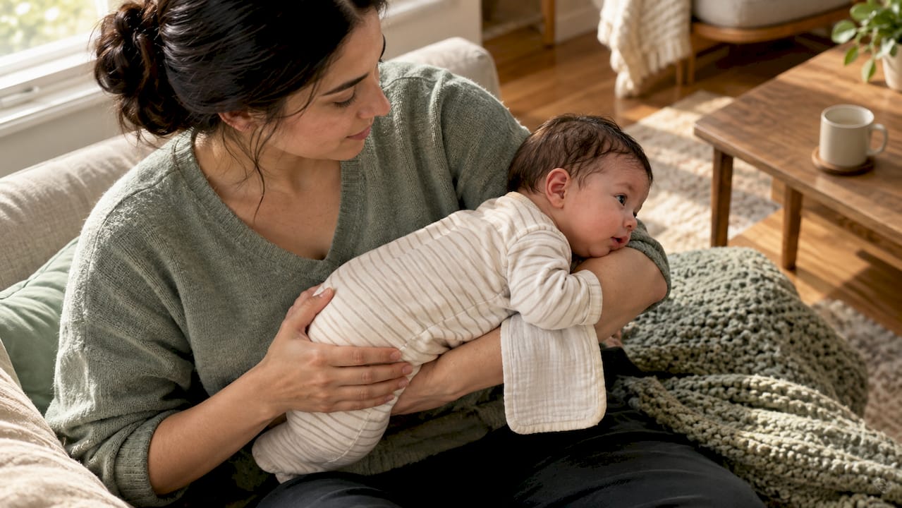Caregiver demonstrating a safe colic curl hold