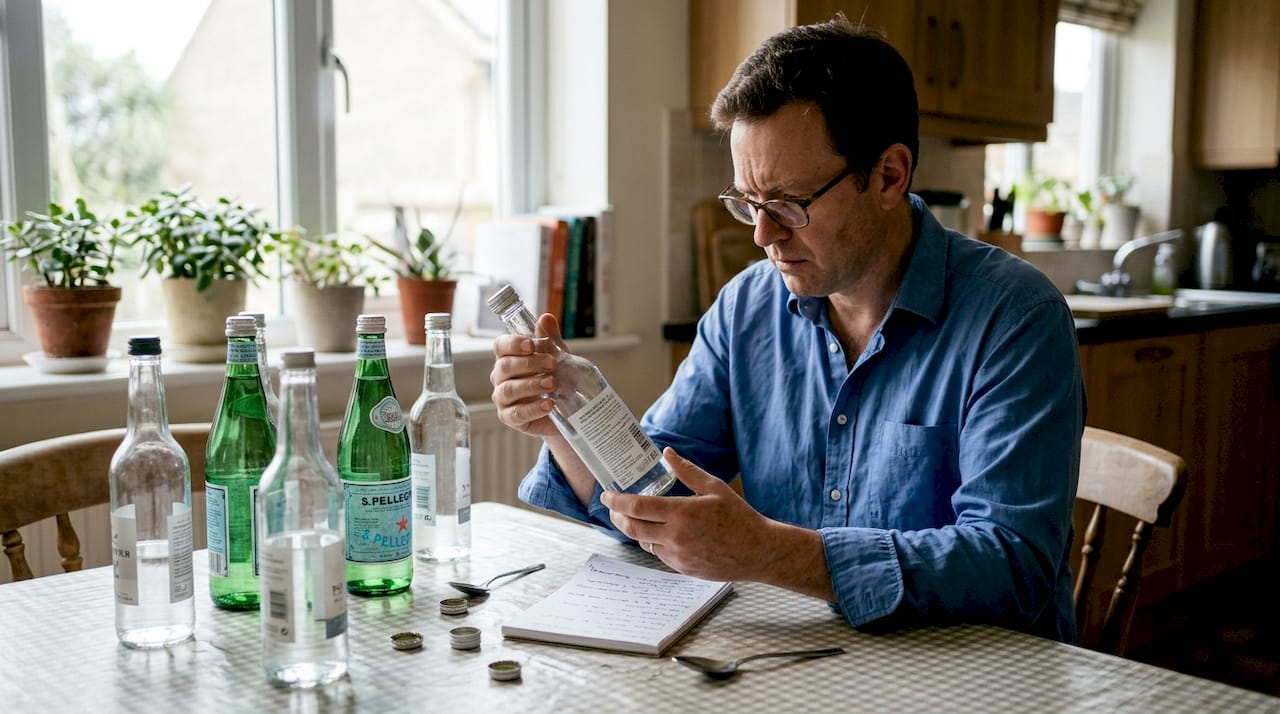 Man reading mineral water label at dining table