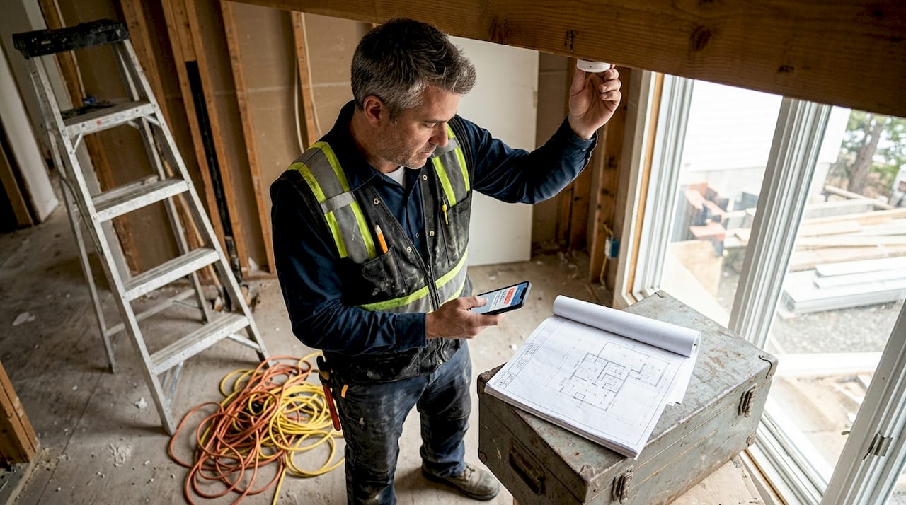 Electrician checking safety sensor with phone alert
