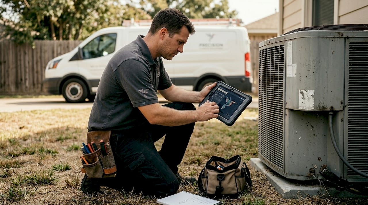 Technician uses tablet for HVAC diagnostics in yard