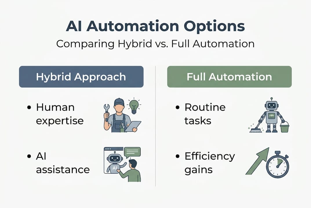 Infographic comparing hybrid and full AI automation