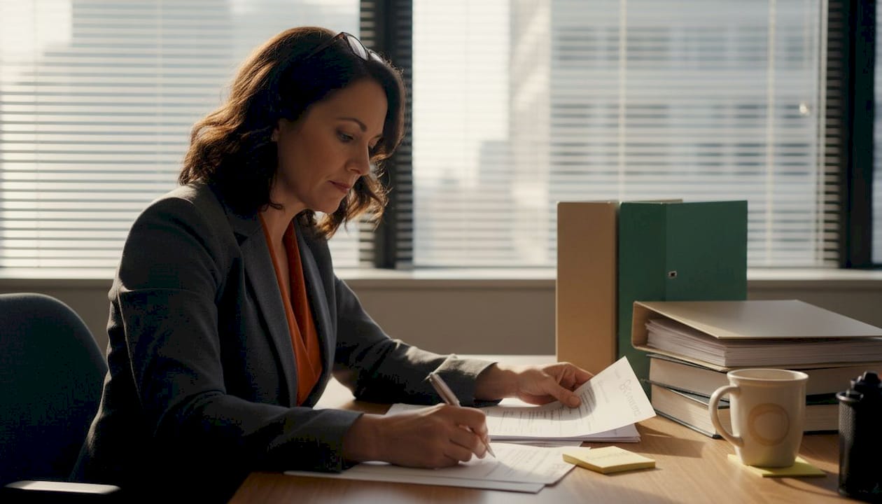 HR manager reviewing resume stack at office desk
