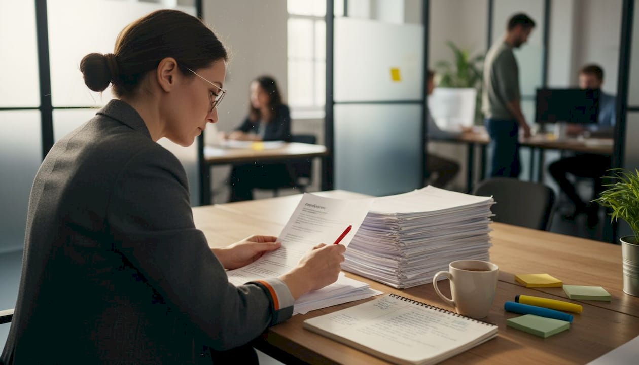 Hiring manager reviews resumes at desk
