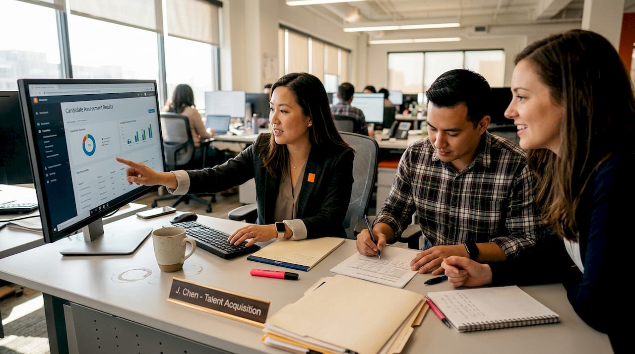 Team reviews AI candidate assessments in office