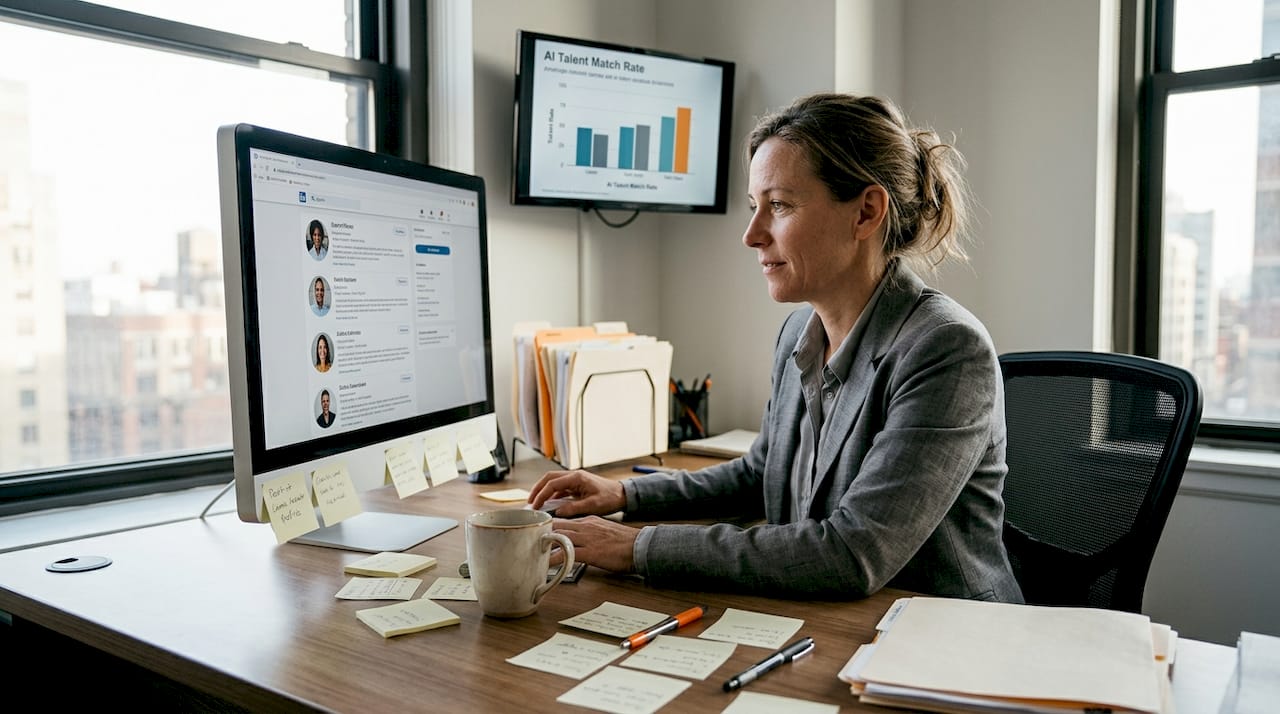 HR manager reviews talent profiles with sunlight