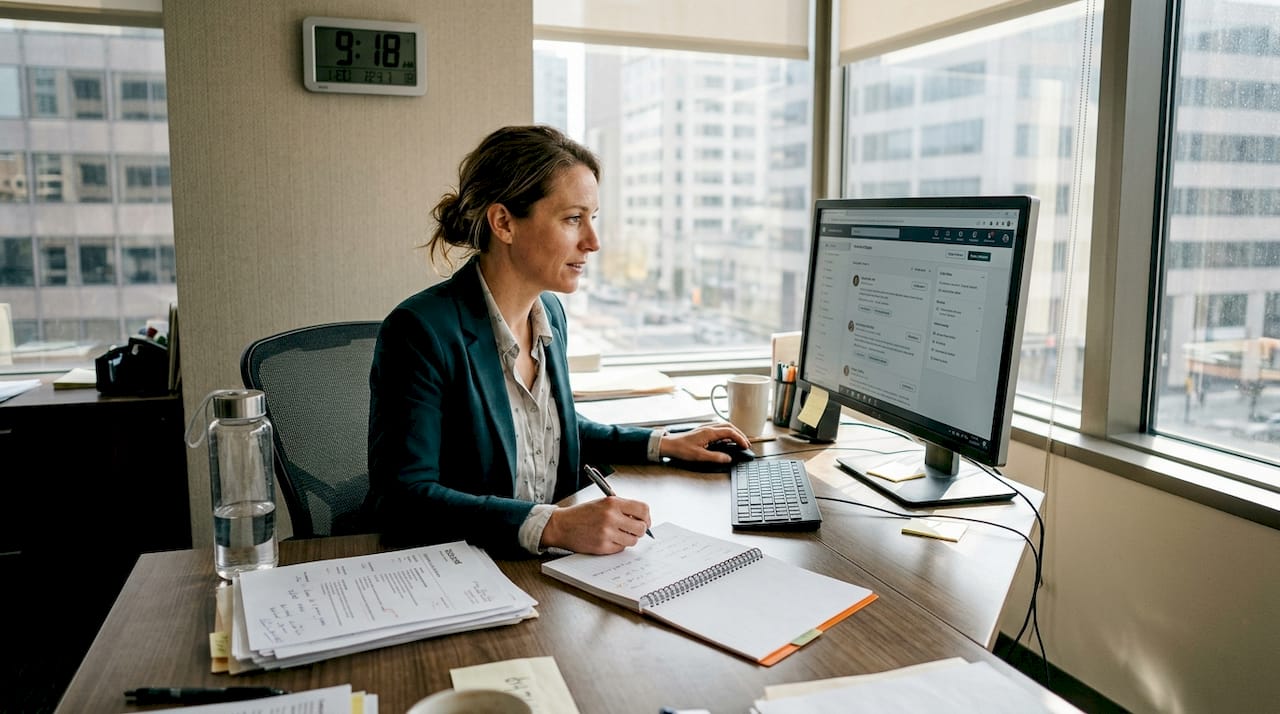 Manager reviewing candidate process at desk