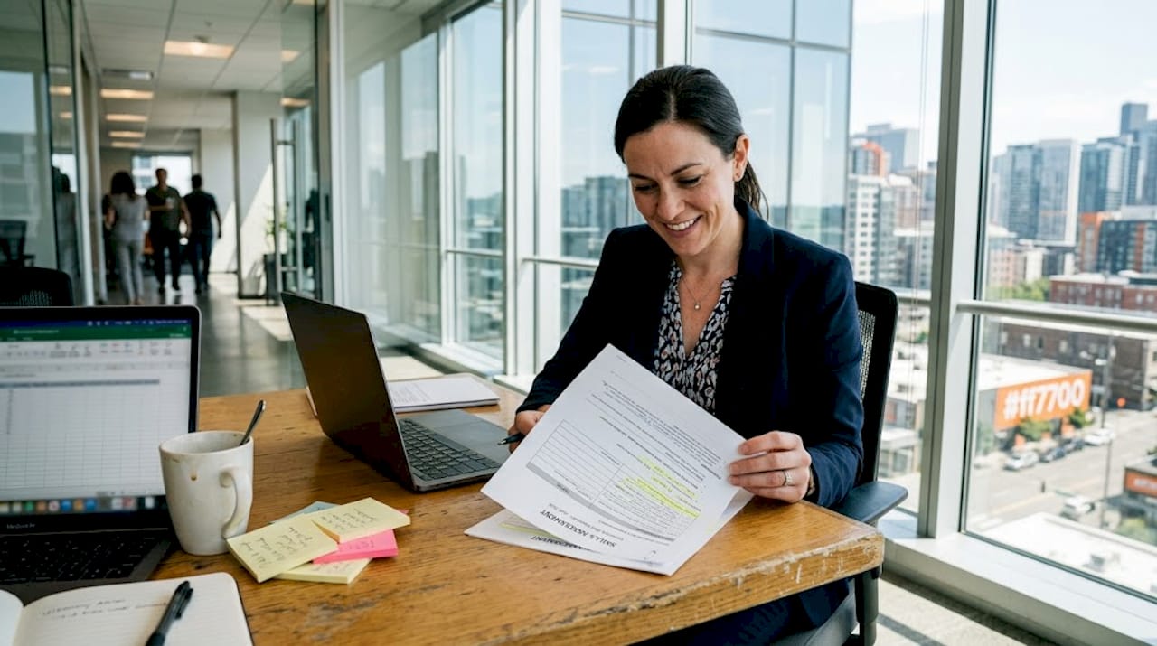Manager reviewing candidate assessment at office table