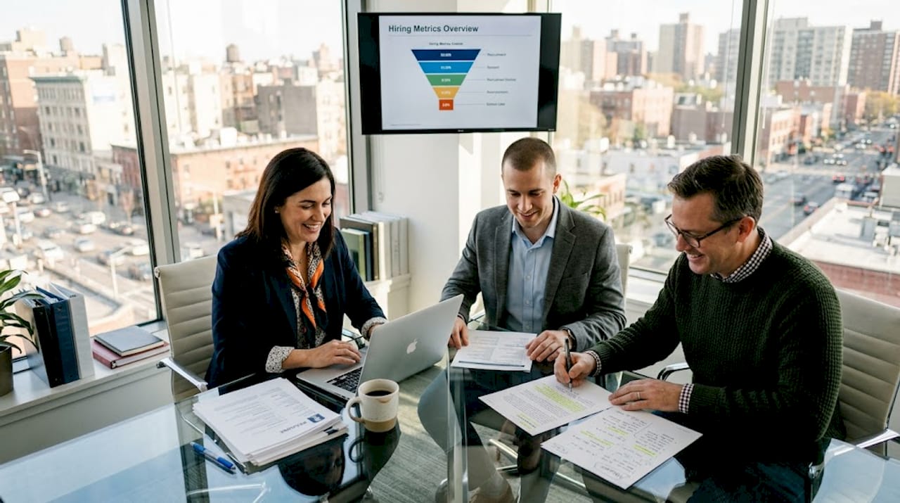 HR team reviewing recruitment analytics together