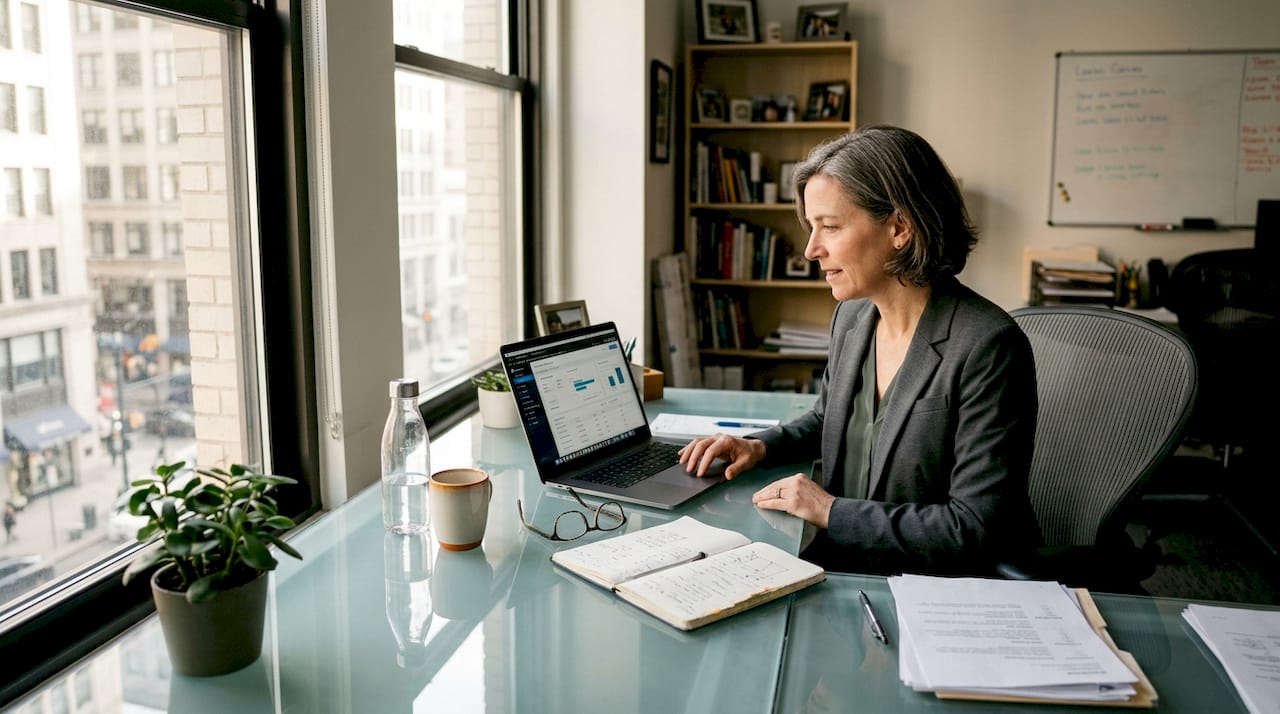 HR manager in corner office using analytics